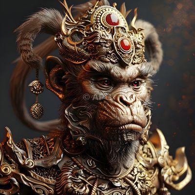 Der Affenkönig in goldener Rüstung (KI-generiert)